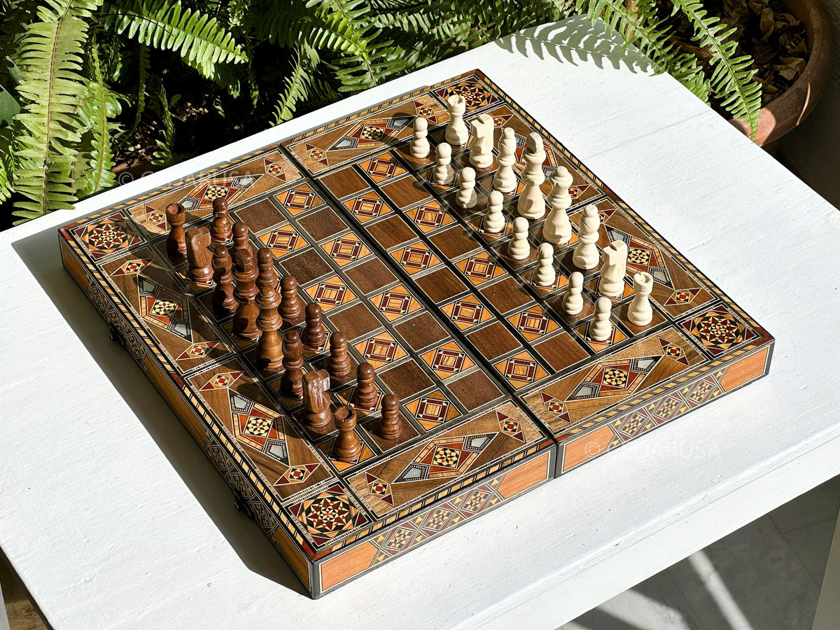 Handcrafted 16" Chess and Backgammon Set with Wooden Inlays and Mother of Pearl