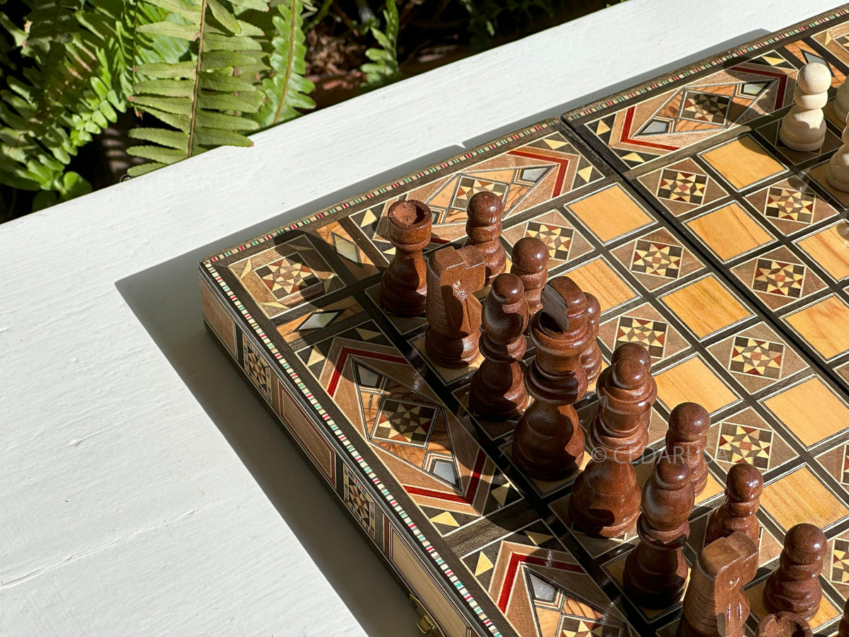 Handmade 12" Chess and Backgammon Set with Genuine Mosaic Wooden Inlays and Mother of Pearl from Lebanon