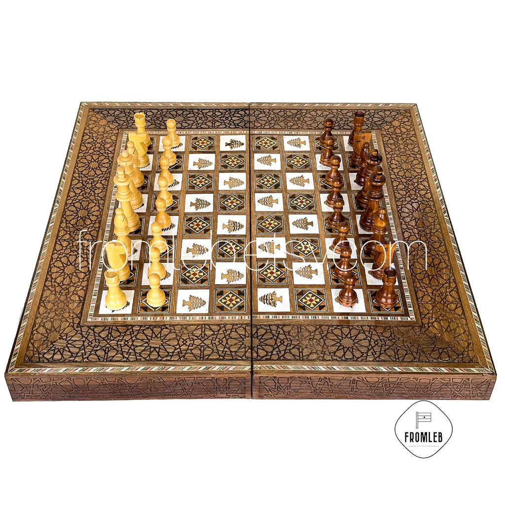 Handmade Arab Walnut Backgammon and Chess Set with Mosaic Inlays from Lebanon
