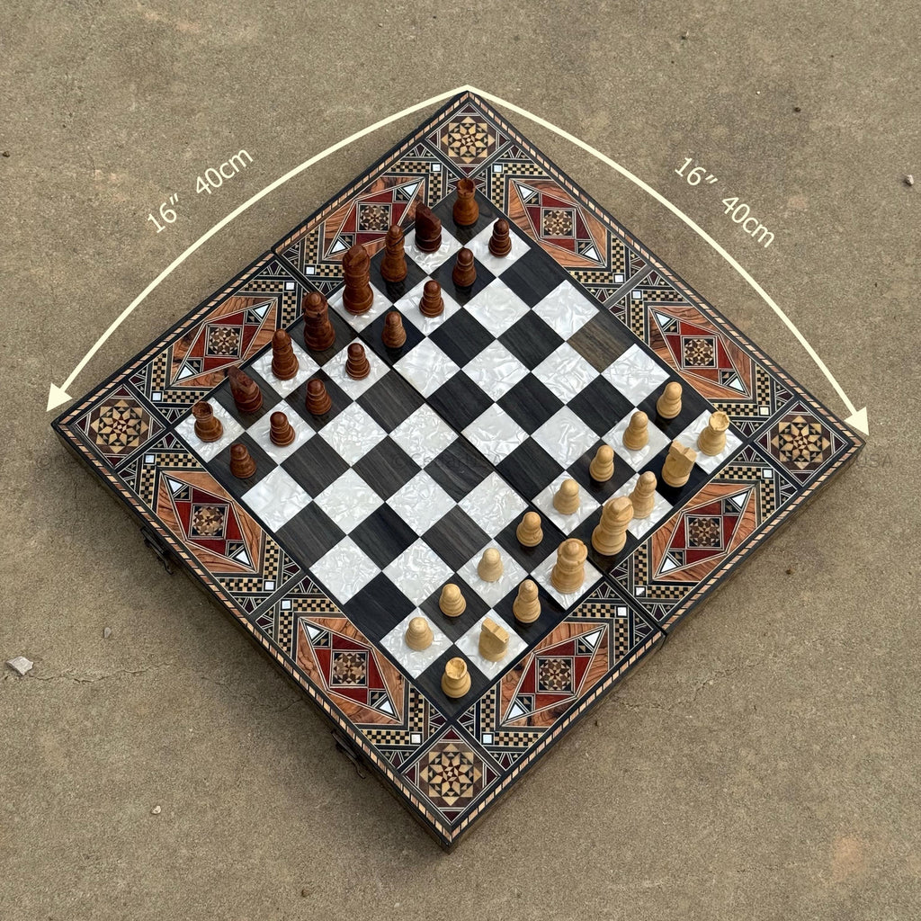 Backgammon Set and Chess Board from Lebanon - Lebanese Tables Board with Wooden Chess Pieces, Personalizable Christmas Gift