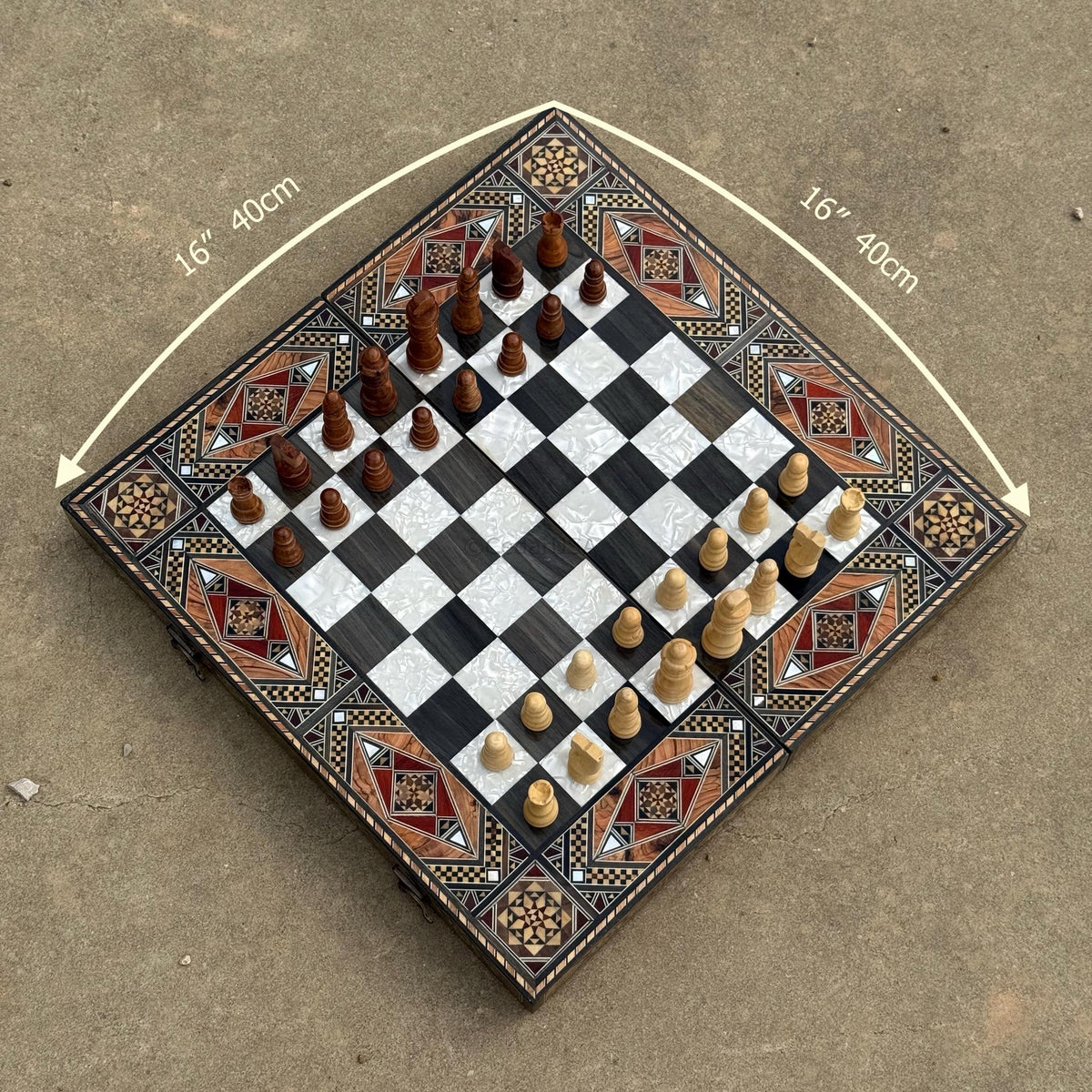 Backgammon Set and Chess Board from Lebanon - Lebanese Tables Board with Wooden Chess Pieces, Personalizable Christmas Gift