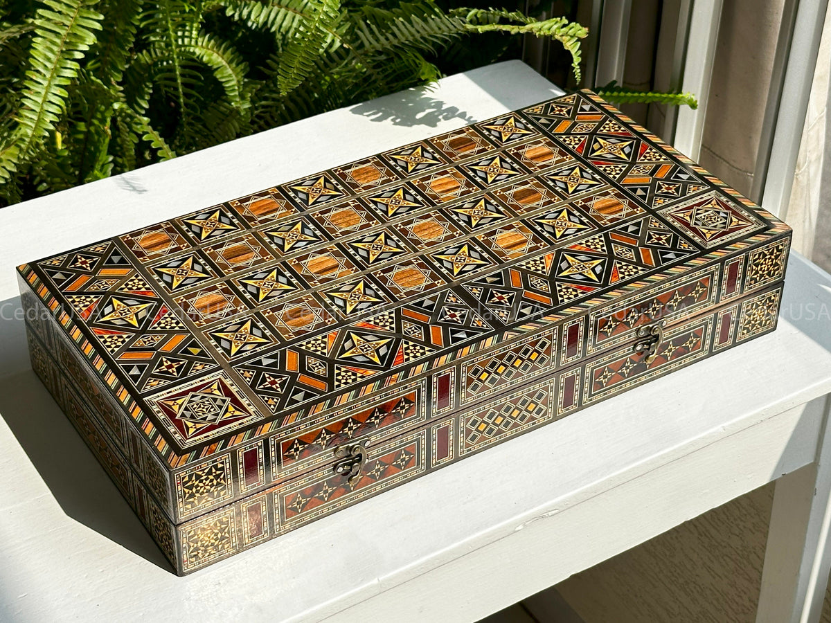 Backgammon Set & Chess Board from Lebanon - Lebanese Handmade Checkers Board Game with Real Pearl Inlays and Real Wooden Inlays