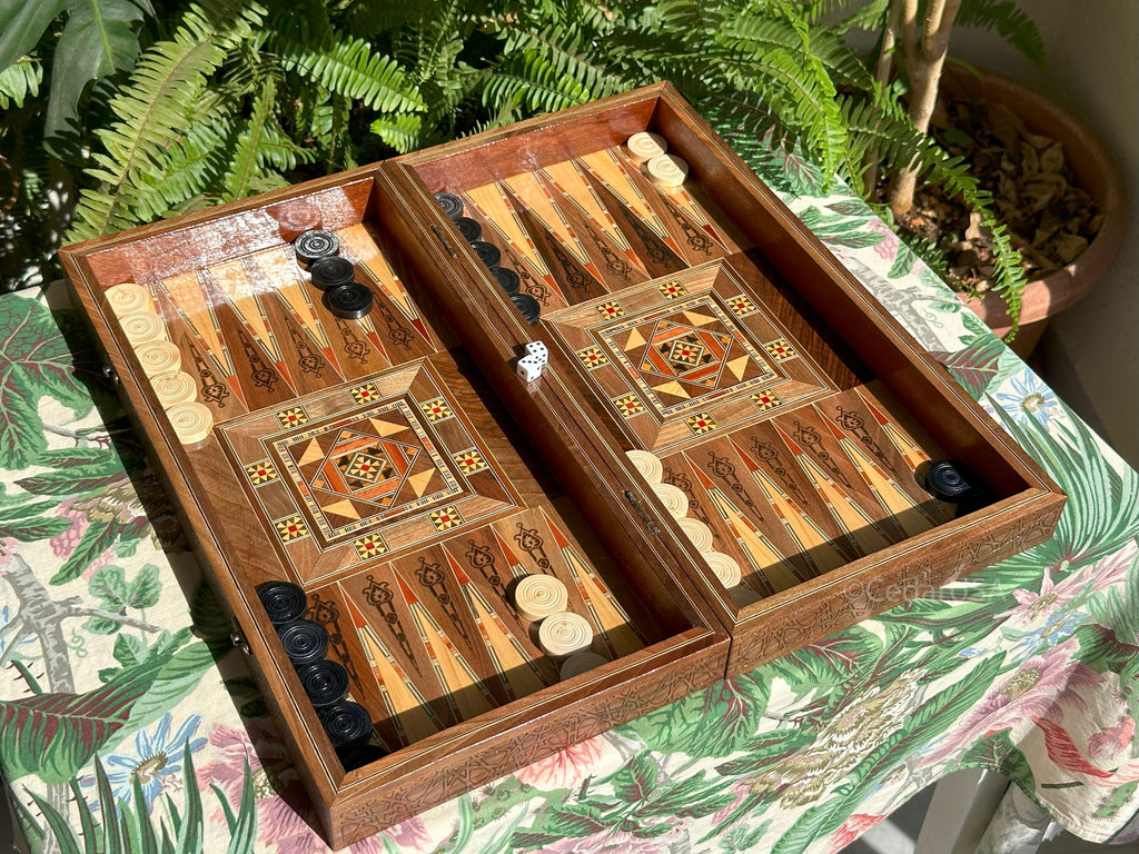 Luxurious 20"x20" Walnut Wood Chess and Backgammon Board with Pearl Inlays
