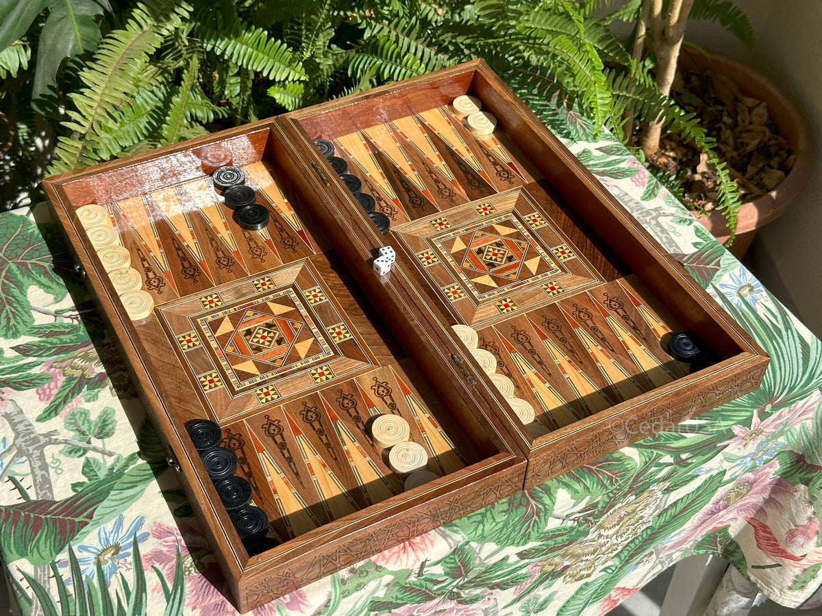 Luxurious 20"x20" Walnut Wood Chess and Backgammon Board with Pearl Inlays