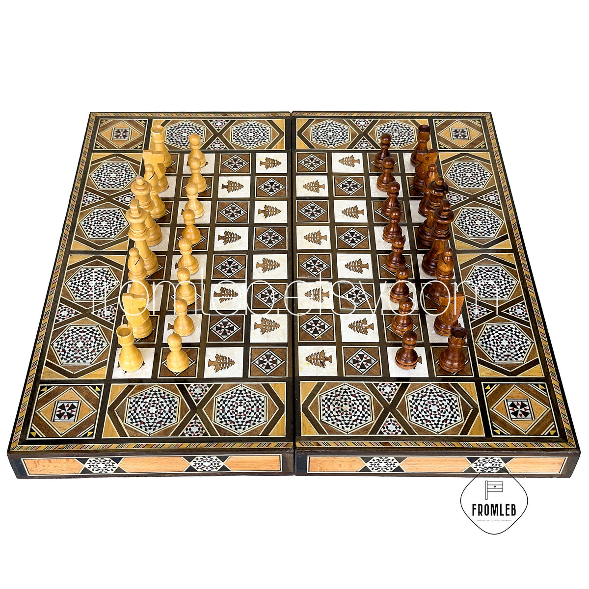 Handmade Cedar Backgammon and Chess Set: Arabian Mother of Pearl Inlay from Lebanon