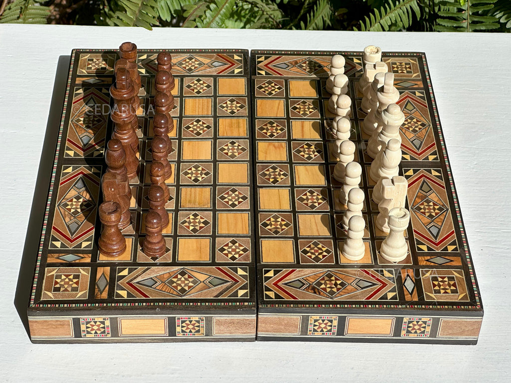Handmade 12" Chess and Backgammon Set with Genuine Mosaic Wooden Inlays and Mother of Pearl from Lebanon