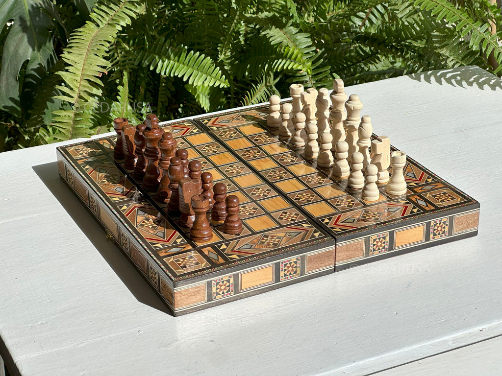 Handmade 12" Chess and Backgammon Set with Genuine Mosaic Wooden Inlays and Mother of Pearl from Lebanon