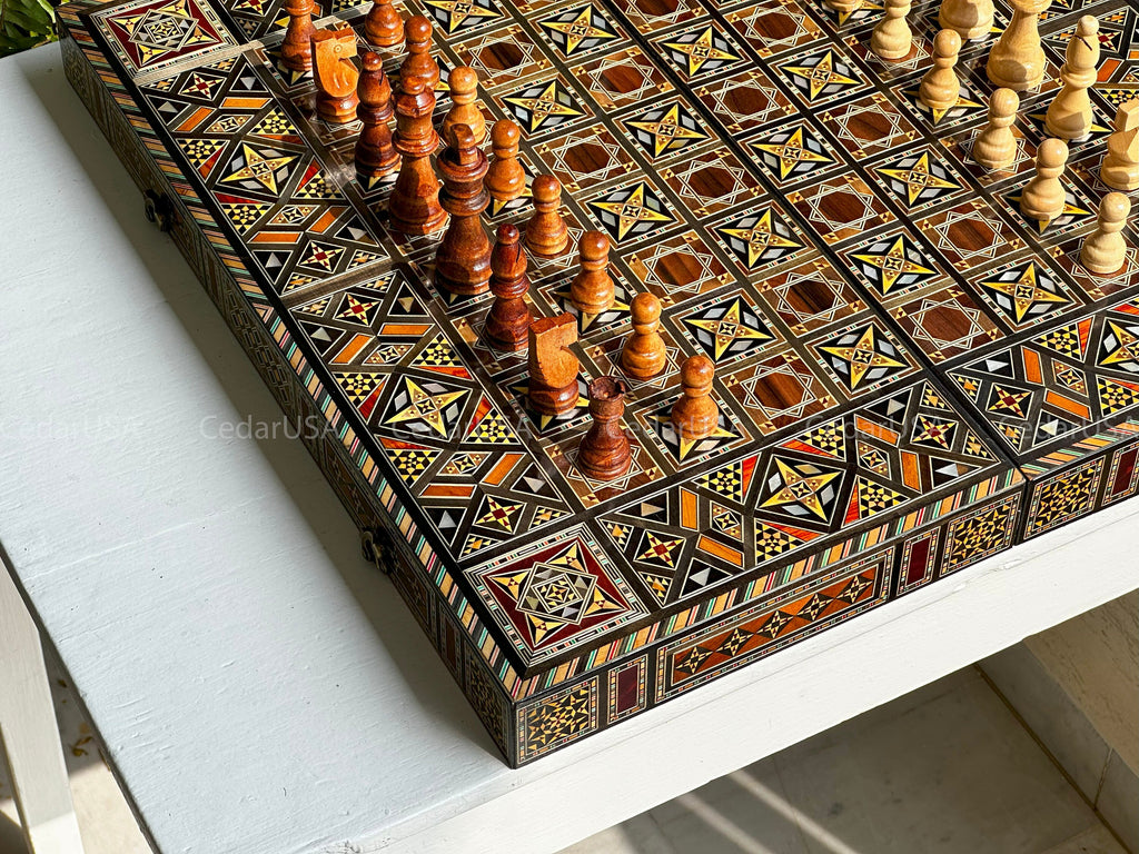 Backgammon Set & Chess Board from Lebanon - Lebanese Handmade Checkers Board Game with Real Pearl Inlays and Real Wooden Inlays