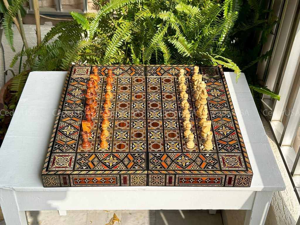 Backgammon Set & Chess Board from Lebanon - Lebanese Handmade Checkers Board Game with Real Pearl Inlays and Real Wooden Inlays
