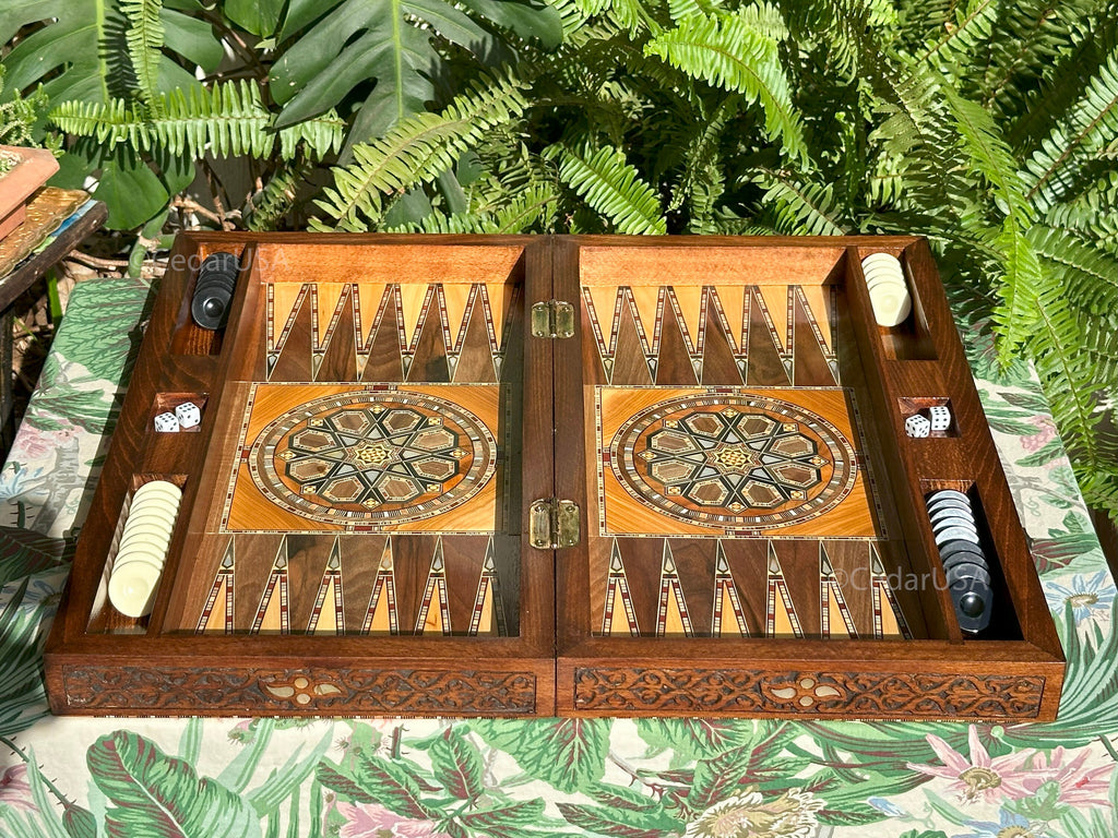 Olive Wood Backgammon Set with Real Pearl Inlays From Lebanon - Handmade Luxurious 21"x21" Large Sized Board