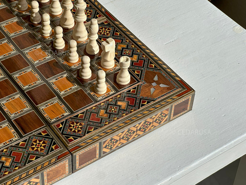Handcrafted 16" Chess and Backgammon Set with Wooden Inlays and Mother of Pearl