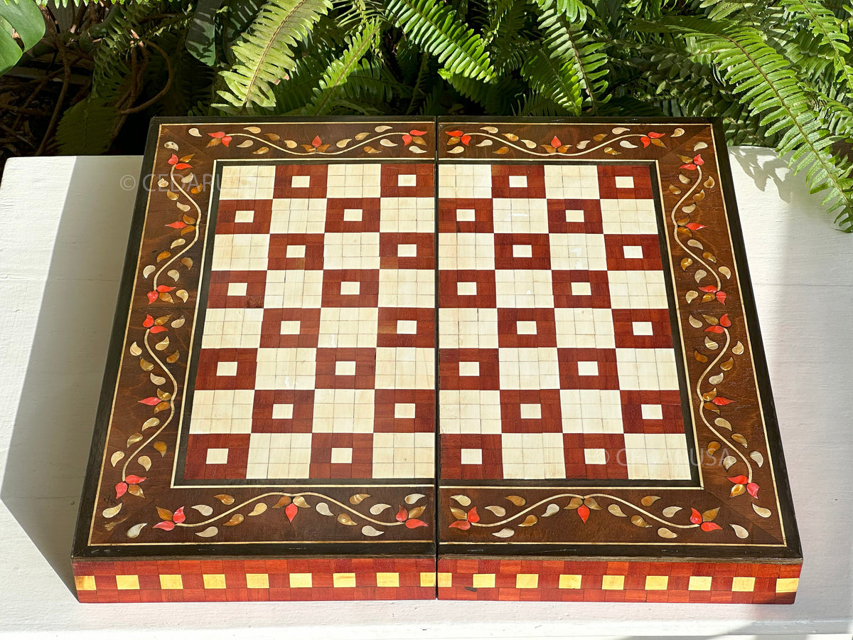 One-of-a-Kind Vintage 20"x20" Chess and Backgammon Board with Mediterranean Pearls