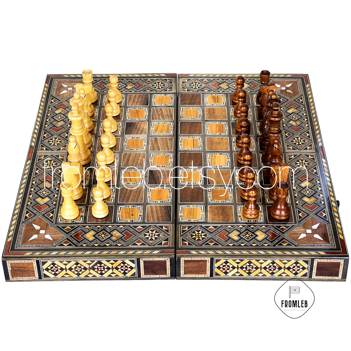Handmade Backgammon Chess Set: Vintage Pearl Mosaic Inlay from Lebanon