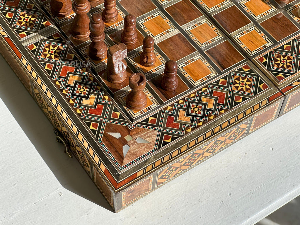 Handcrafted 16" Chess and Backgammon Set with Wooden Inlays and Mother of Pearl
