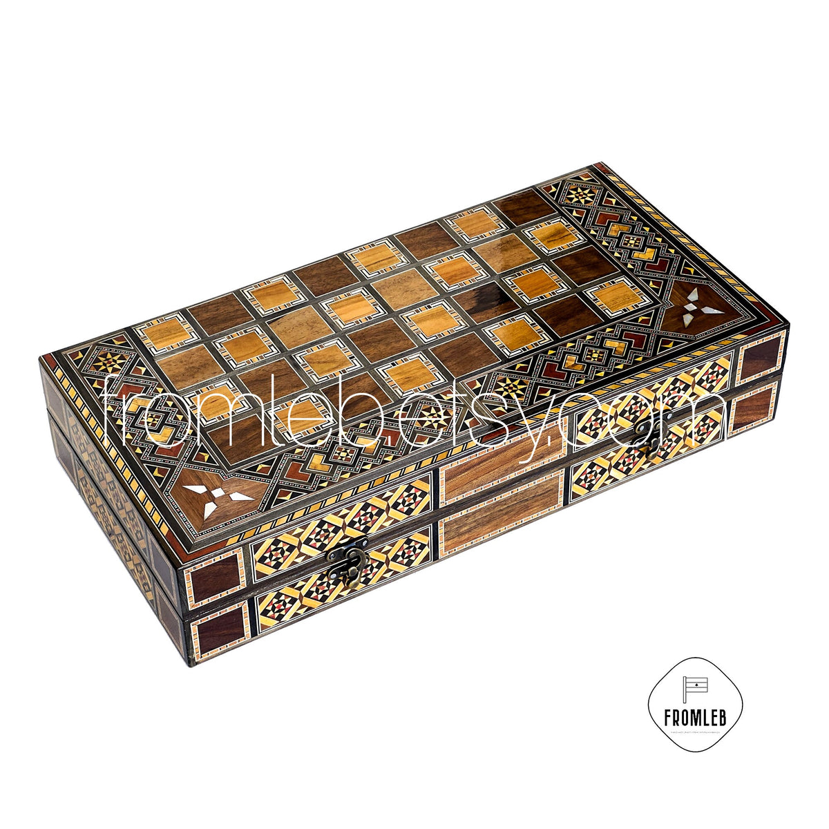 Handmade Backgammon Chess Set: Vintage Pearl Mosaic Inlay from Lebanon