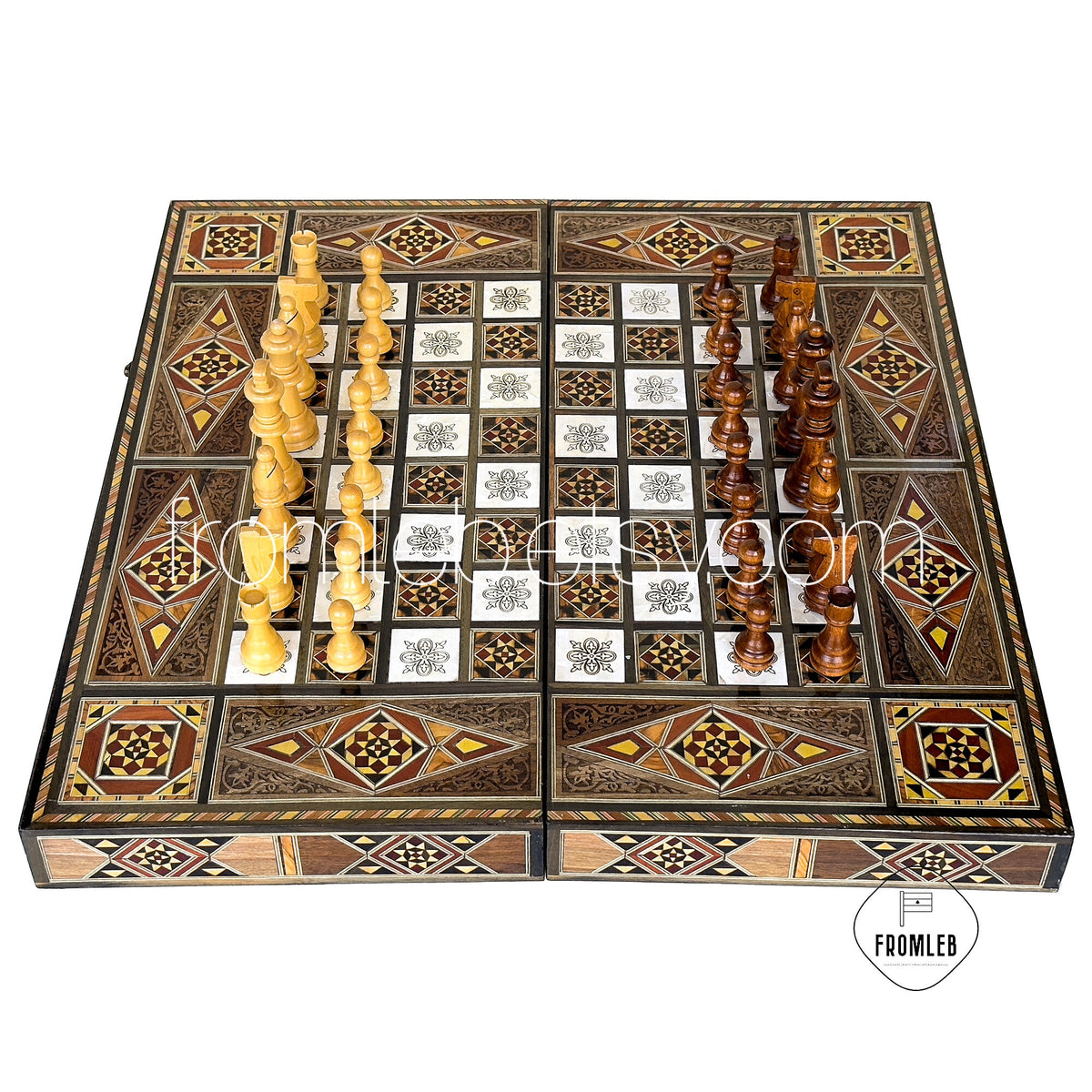 Handmade Chess and Backgammon Set: Lebanese Mother of Pearl Inlay from Lebanon