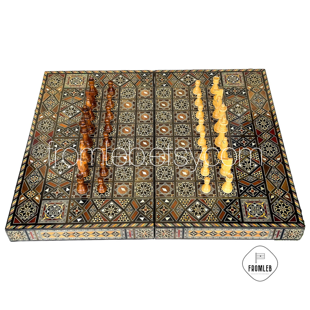 Handmade Pearl Inlaid Backgammon Chess Set: Lebanese Board Game from Lebanon