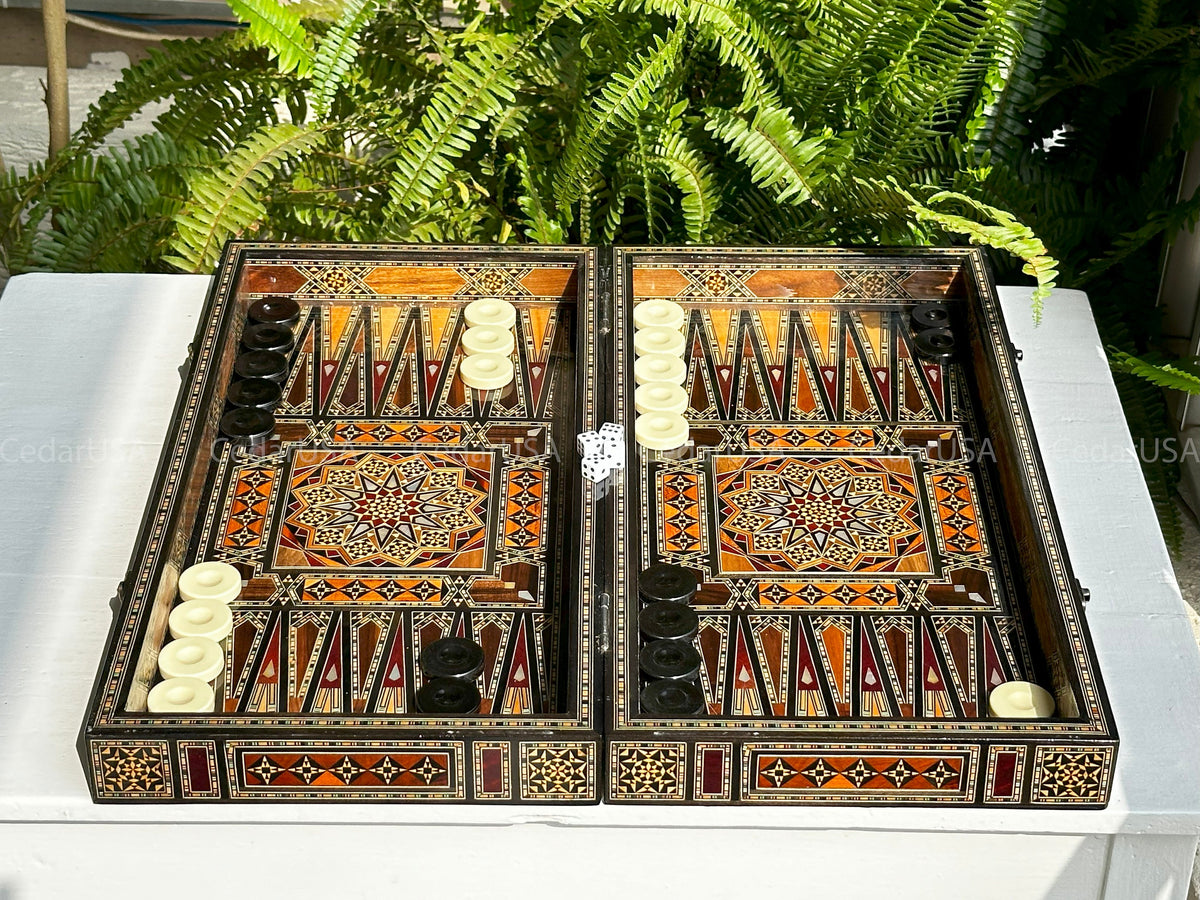 Backgammon Set & Chess Board from Lebanon - Lebanese Handmade Checkers Board Game with Real Pearl Inlays and Real Wooden Inlays