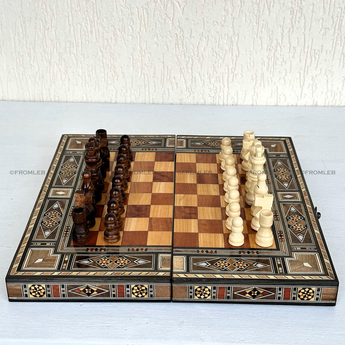 Handmade Backgammon & Chess Set: Wooden Inlays, Mother of Pearl - 12" from Lebanon