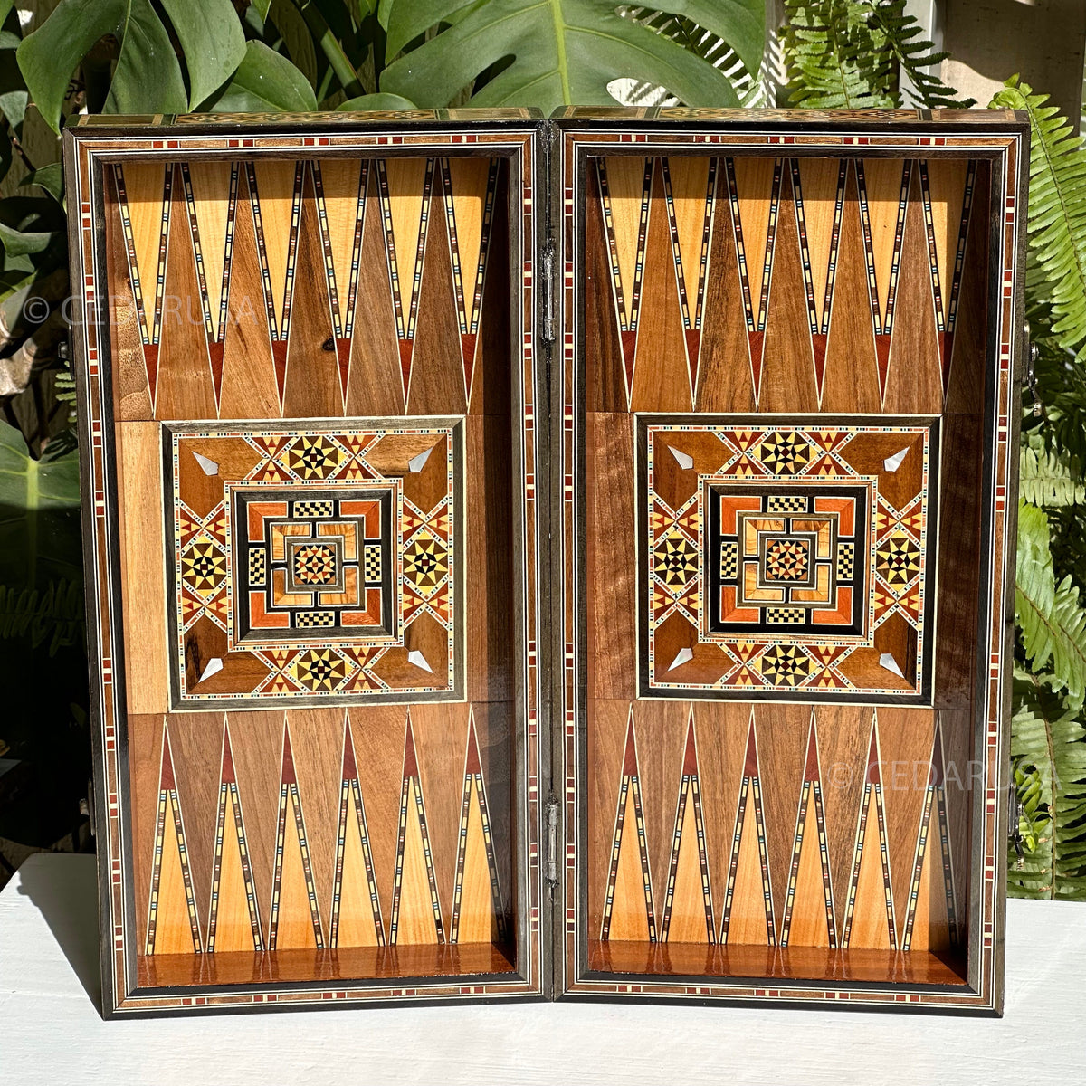 Handcrafted 16" Chess and Backgammon Set with Wooden Inlays and Mother of Pearl