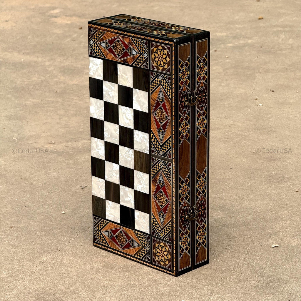 Backgammon Set and Chess Board from Lebanon - Lebanese Tables Board with Wooden Chess Pieces, Personalizable Christmas Gift