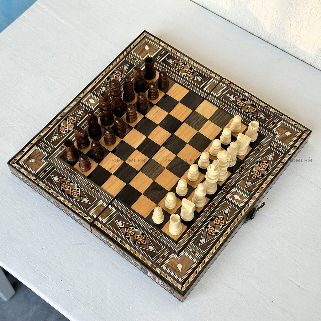 Handmade Backgammon & Chess Set: Wooden Inlays, Mother of Pearl (12 inch) from Lebanon