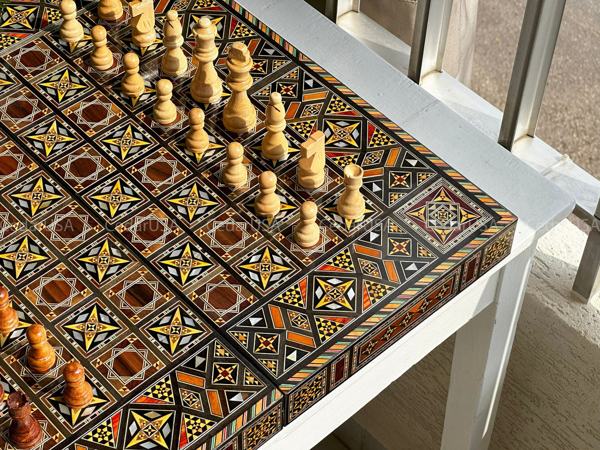 Backgammon Set & Chess Board from Lebanon - Lebanese Handmade Checkers Board Game with Real Pearl Inlays and Real Wooden Inlays