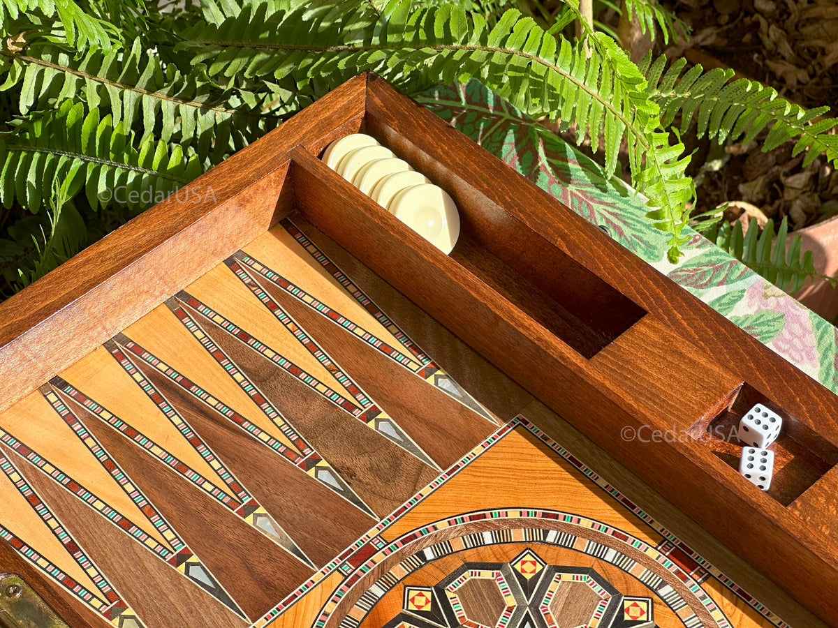 Olive Wood Backgammon Set with Real Pearl Inlays From Lebanon - Handmade Luxurious 21"x21" Large Sized Board