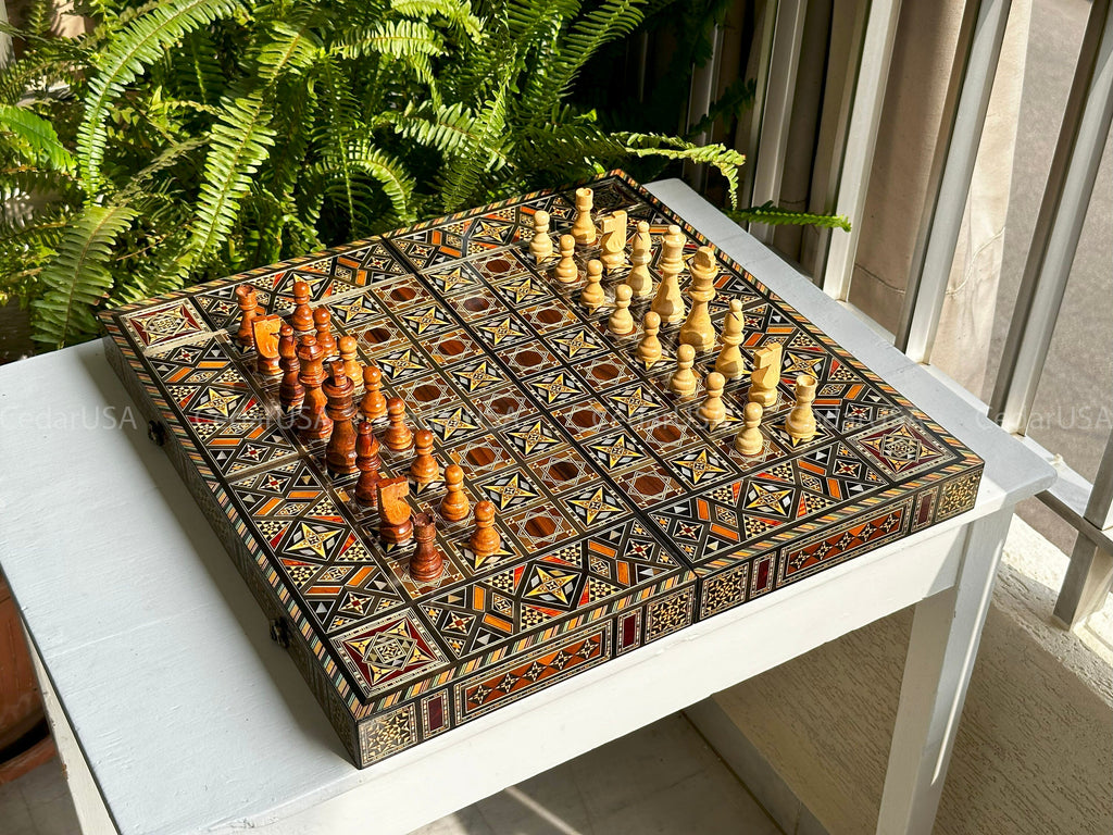 Backgammon Set & Chess Board from Lebanon - Lebanese Handmade Checkers Board Game with Real Pearl Inlays and Real Wooden Inlays