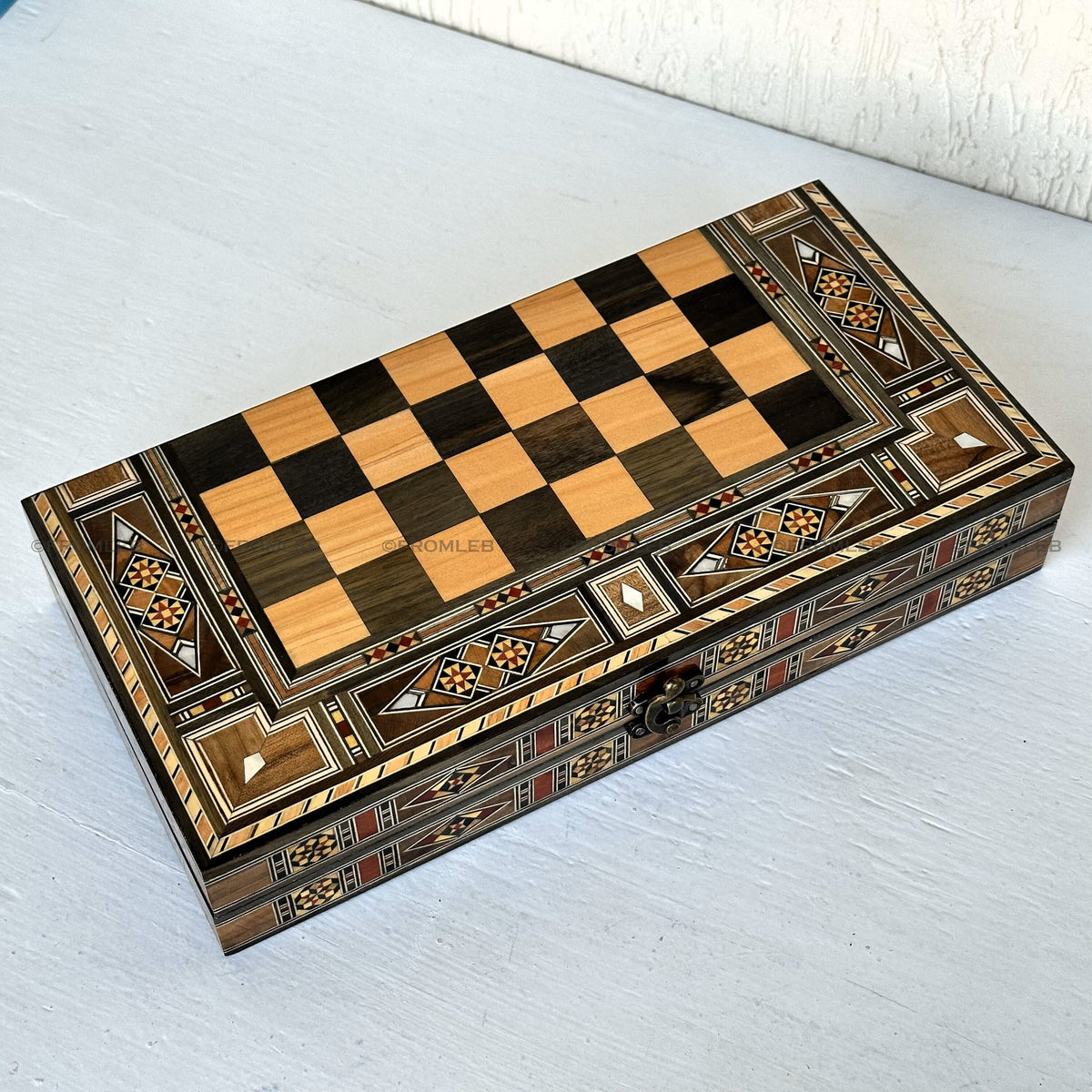 Handmade Backgammon & Chess Set: Wooden Inlays, Mother of Pearl (12 inch) from Lebanon