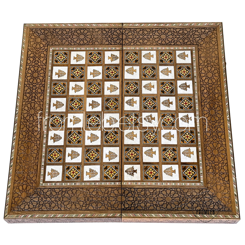 Handmade Arab Walnut Backgammon and Chess Set with Mosaic Inlays from Lebanon