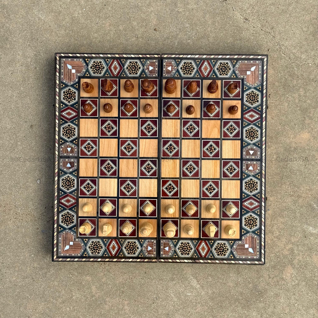 Backgammon Set and Chess Board from Lebanon - Lebanese Tables Board with Wooden Chess Pieces, Personalizable Christmas Gift