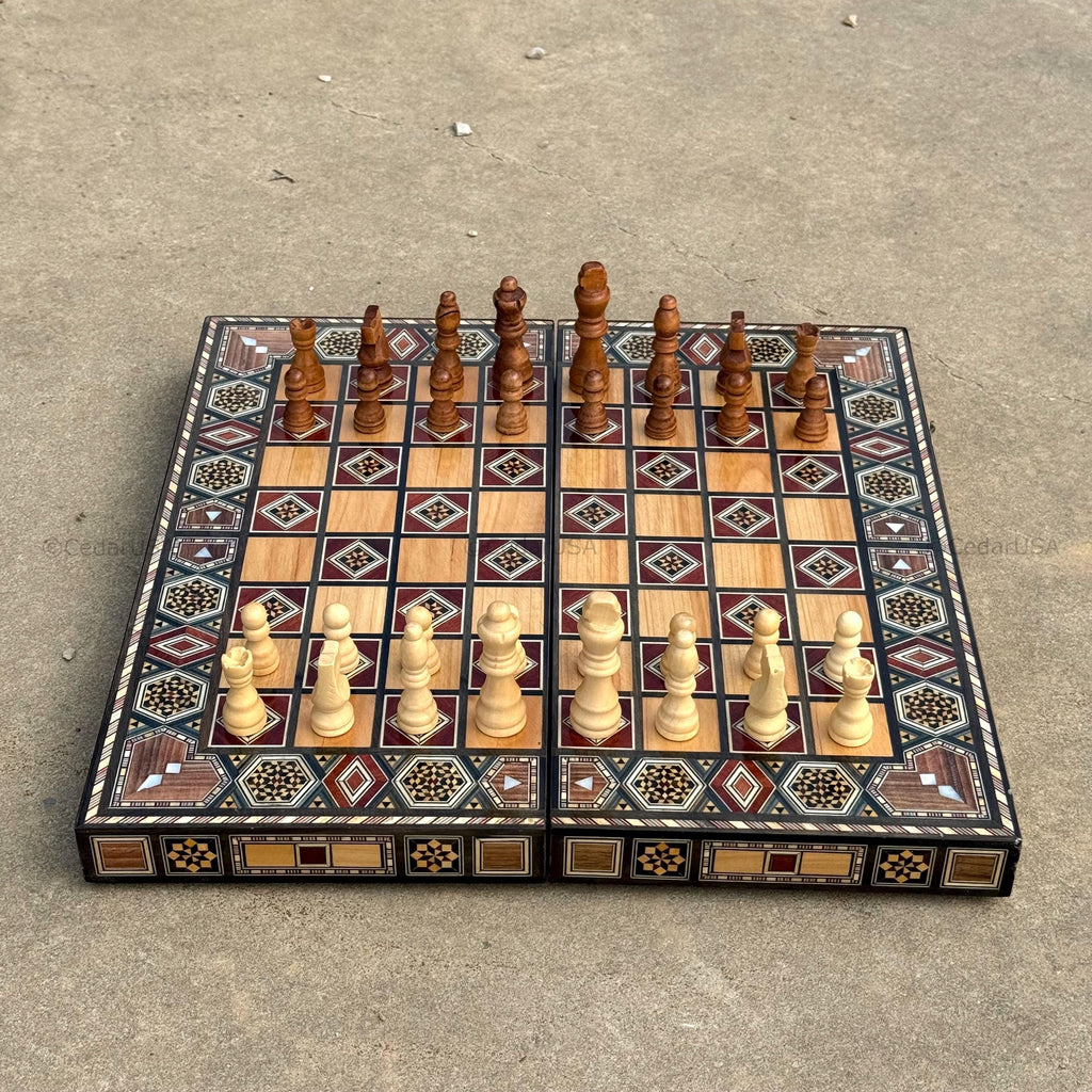 Backgammon Set and Chess Board from Lebanon - Lebanese Tables Board with Wooden Chess Pieces, Personalizable Christmas Gift
