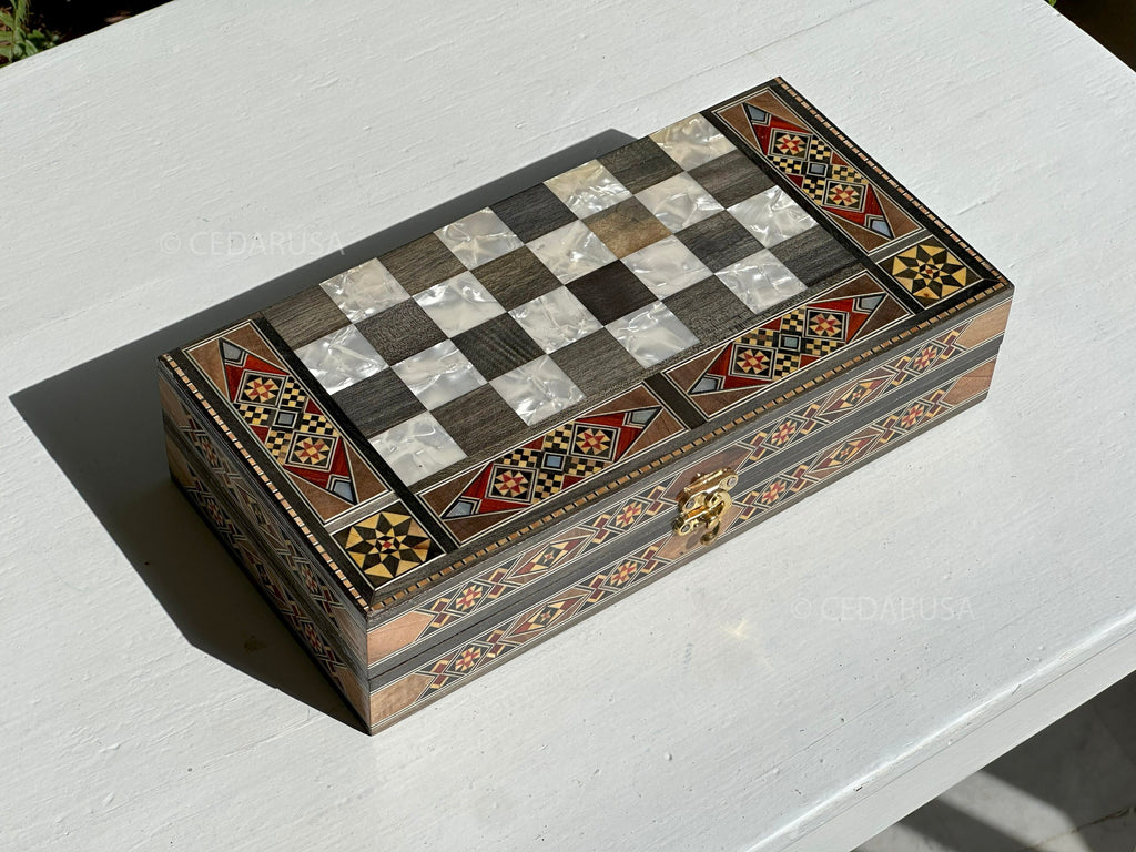 Authentic 12" Backgammon & Chess Set - Handmade in Lebanon - Checkers stones and chess pieces included