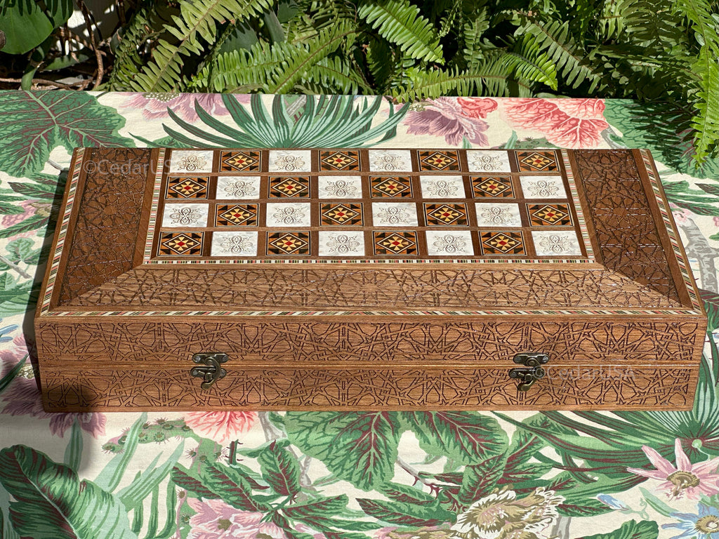 Luxurious 20"x20" Walnut Wood Chess and Backgammon Board with Pearl Inlays
