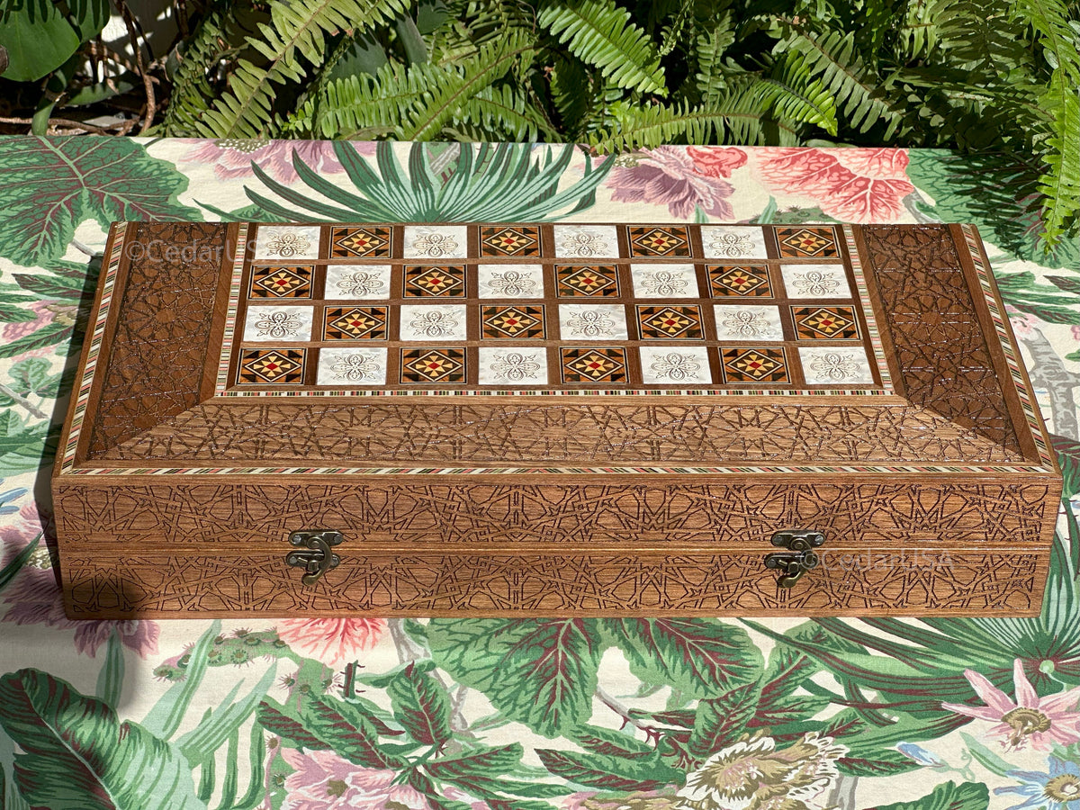 Luxurious 20"x20" Walnut Wood Chess and Backgammon Board with Pearl Inlays