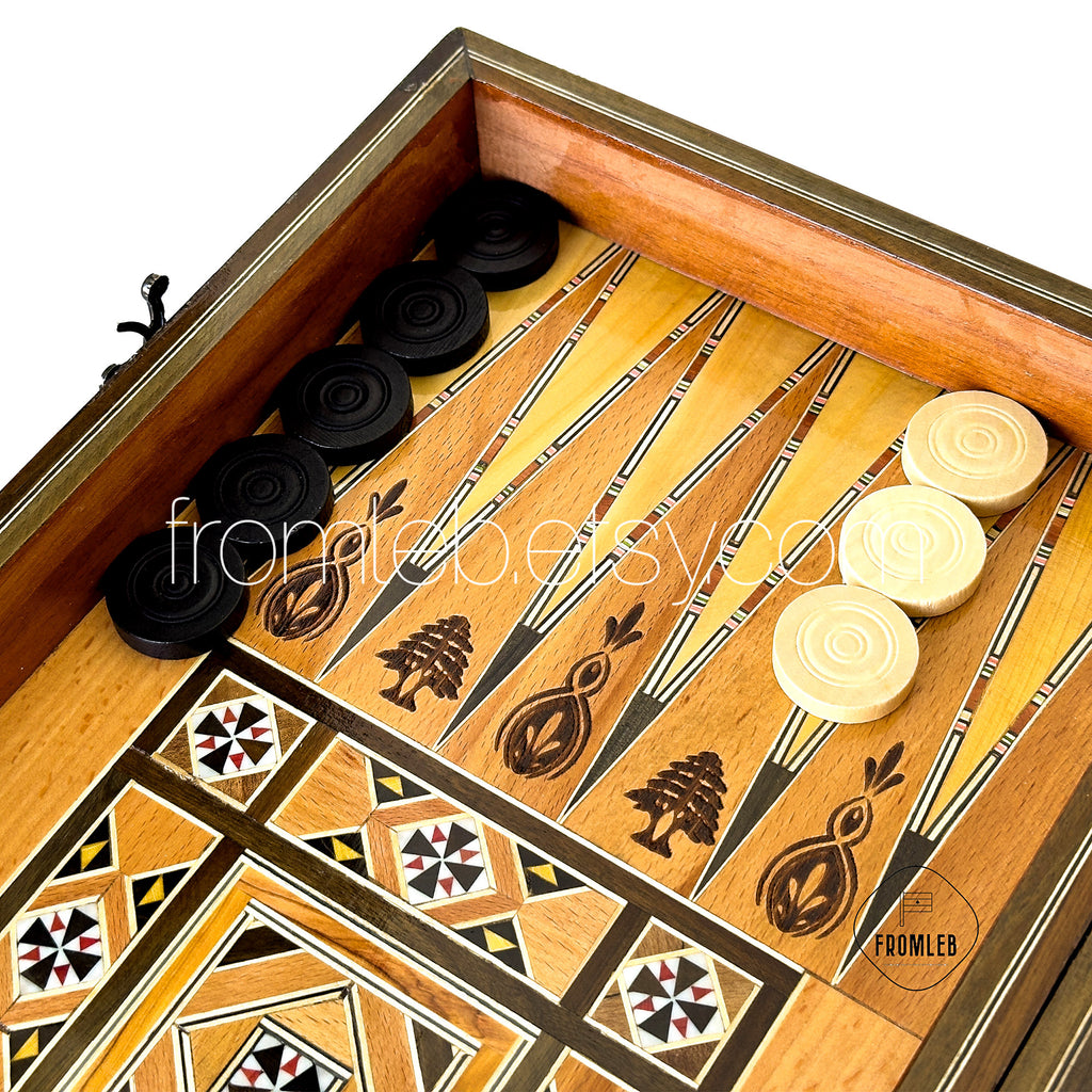 Handmade Cedar Backgammon and Chess Set: Arabian Mother of Pearl Inlay from Lebanon