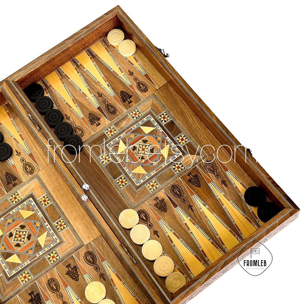 Handmade Arab Walnut Backgammon and Chess Set with Mosaic Inlays from Lebanon