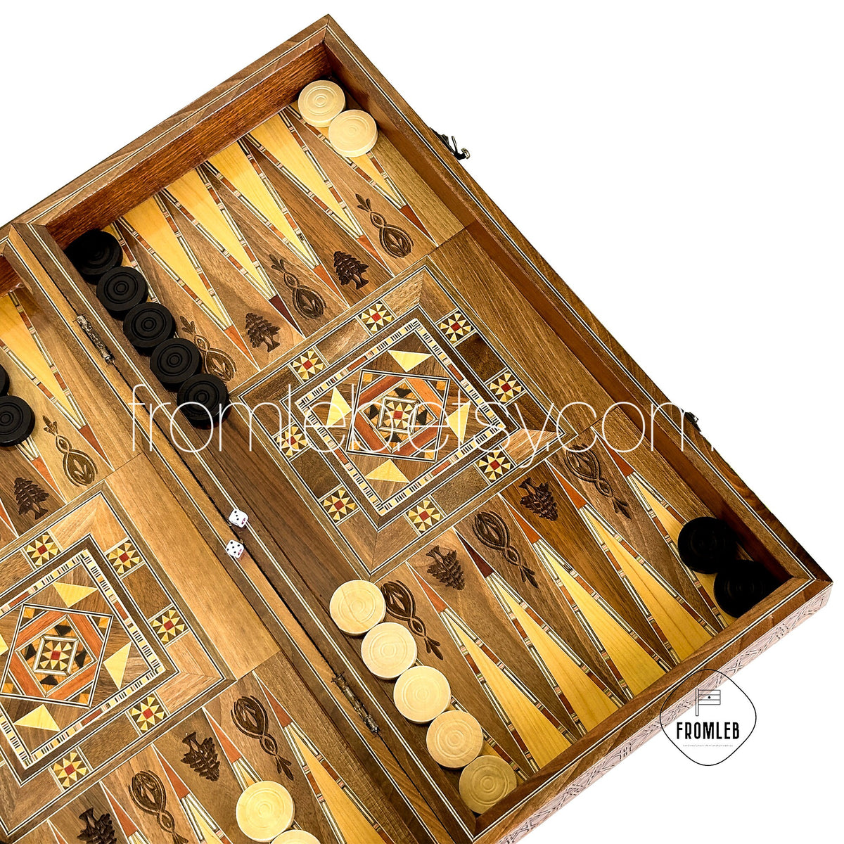 Handmade Arab Walnut Backgammon and Chess Set with Mosaic Inlays from Lebanon