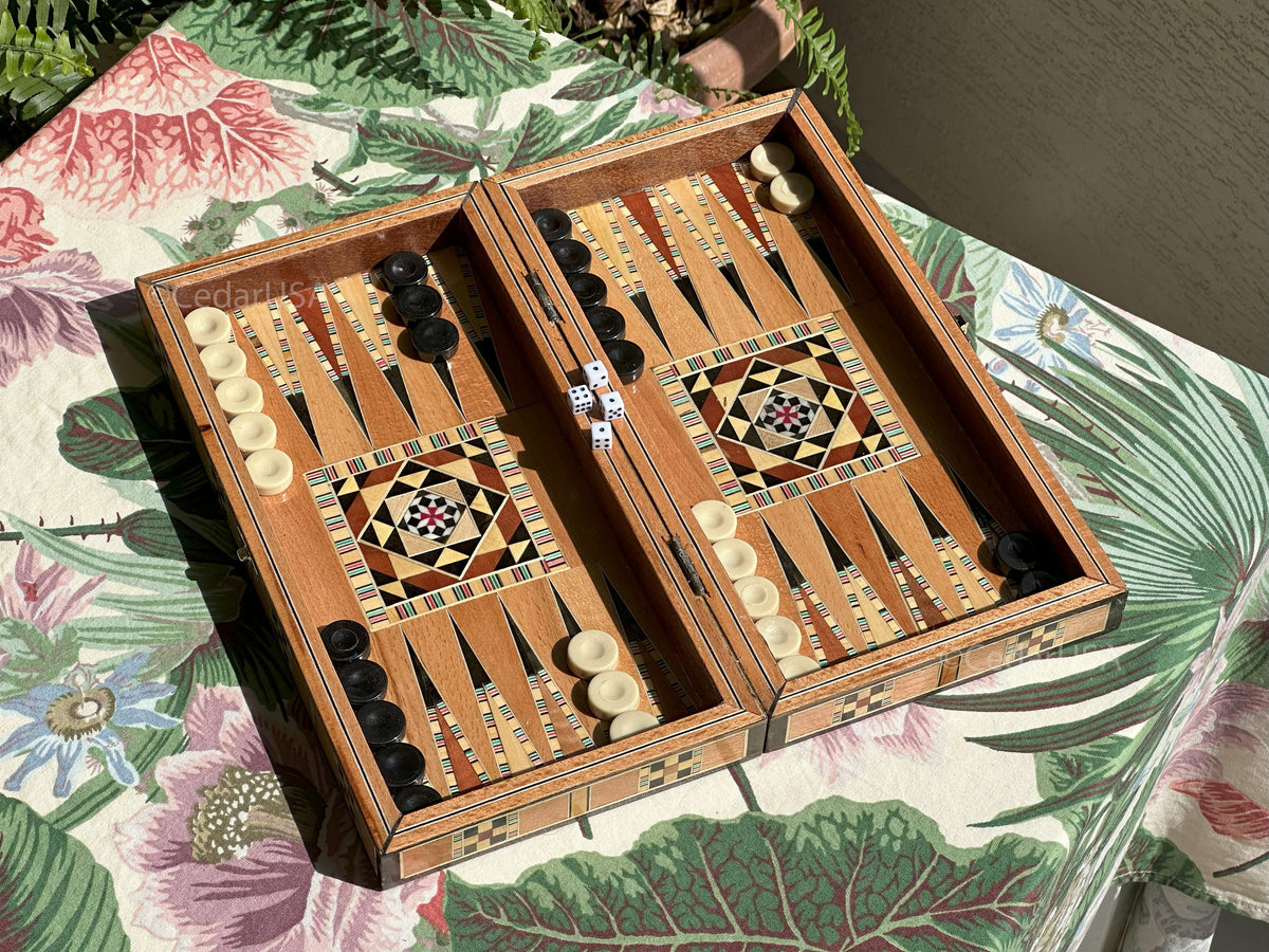 Handcrafted 12"x12" Chess and Backgammon Set with Wooden Inlays and Mother of Pearl
