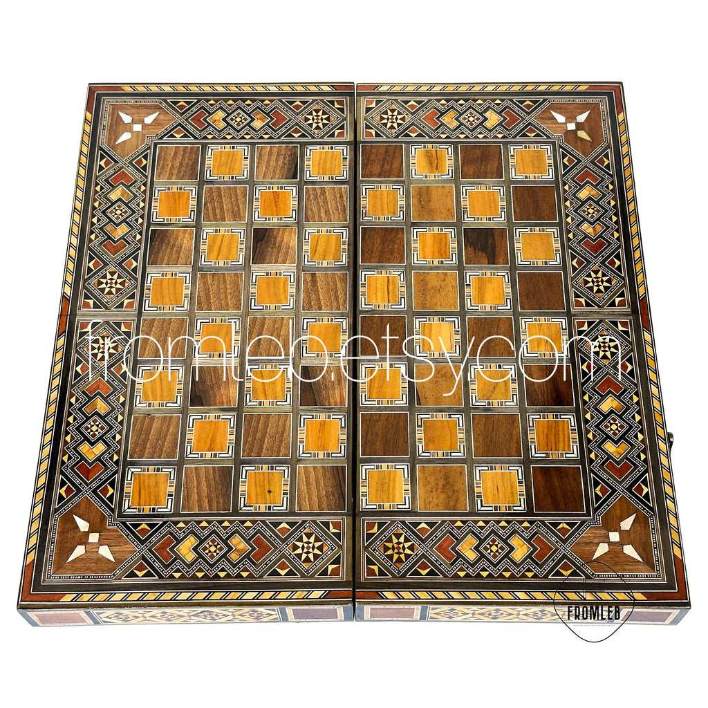 Handmade Backgammon Chess Set: Vintage Pearl Mosaic Inlay from Lebanon