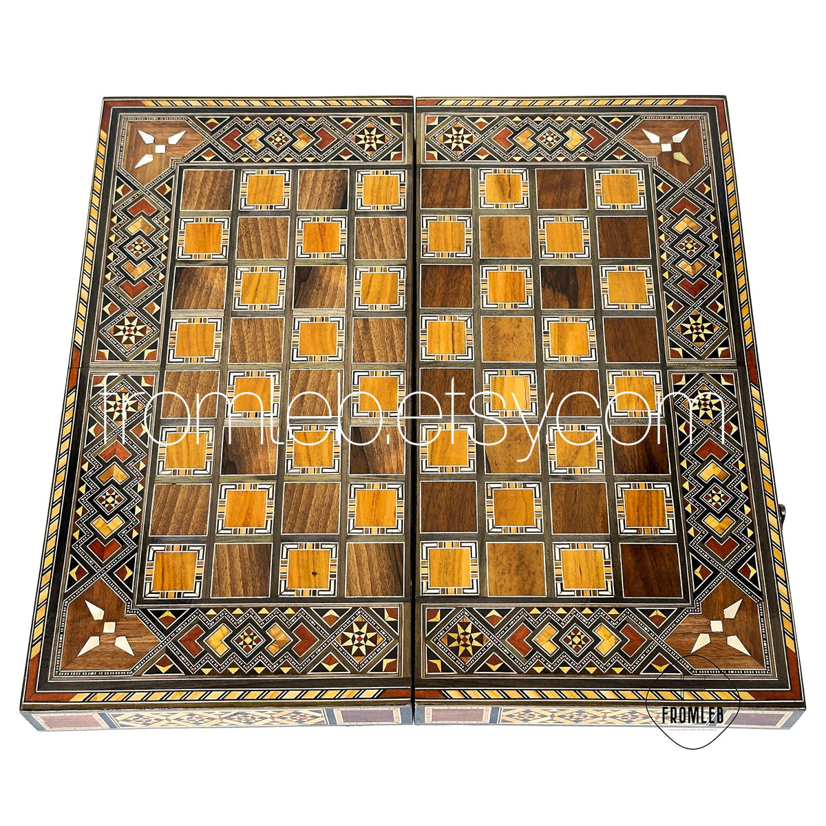 Handmade Backgammon Chess Set: Vintage Pearl Mosaic Inlay from Lebanon