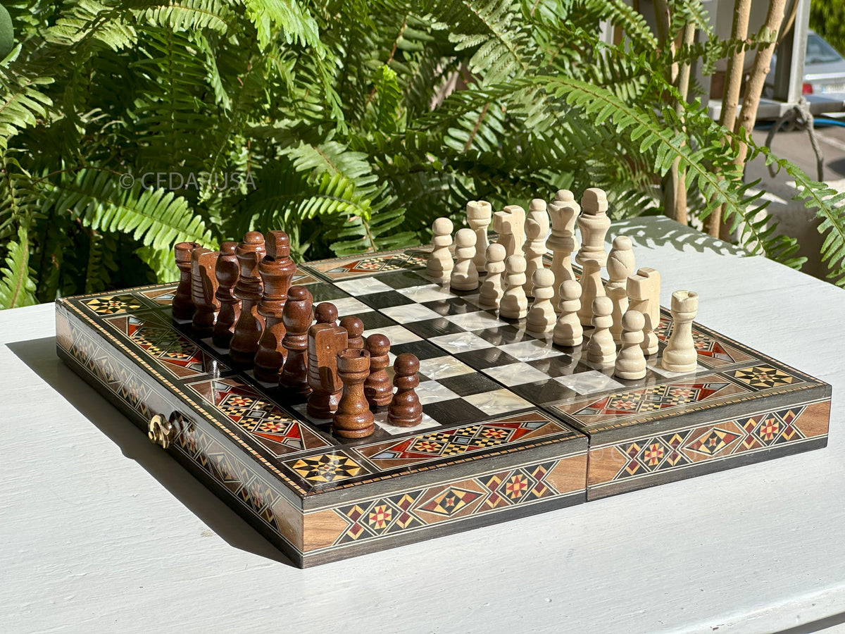 Authentic 12" Backgammon & Chess Set - Handmade in Lebanon - Checkers stones and chess pieces included