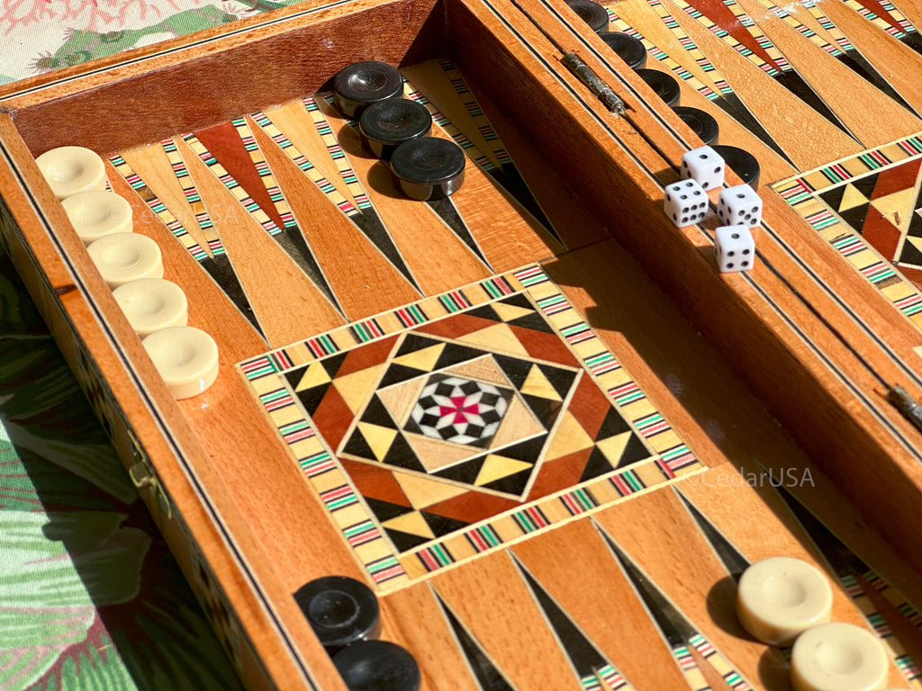 Handcrafted 12"x12" Chess and Backgammon Set with Wooden Inlays and Mother of Pearl