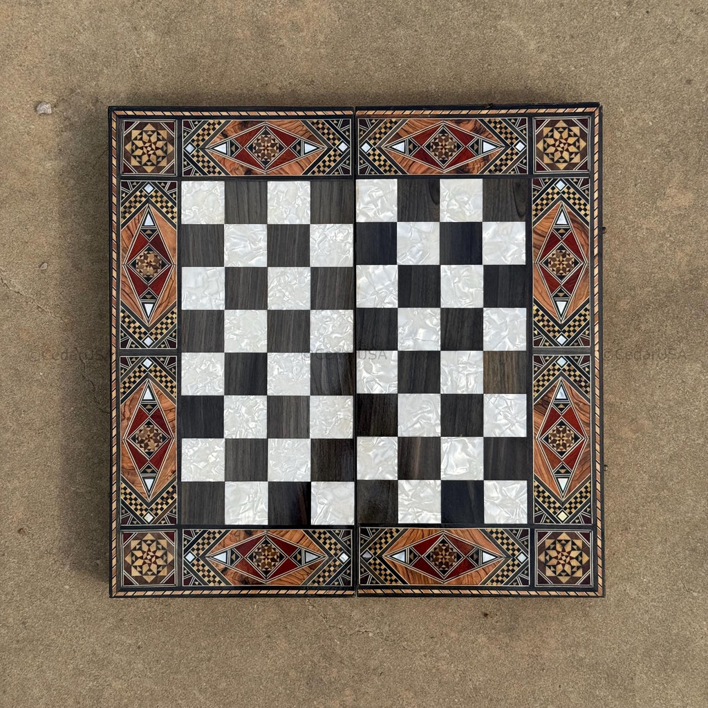 Backgammon Set and Chess Board from Lebanon - Lebanese Tables Board with Wooden Chess Pieces, Personalizable Christmas Gift