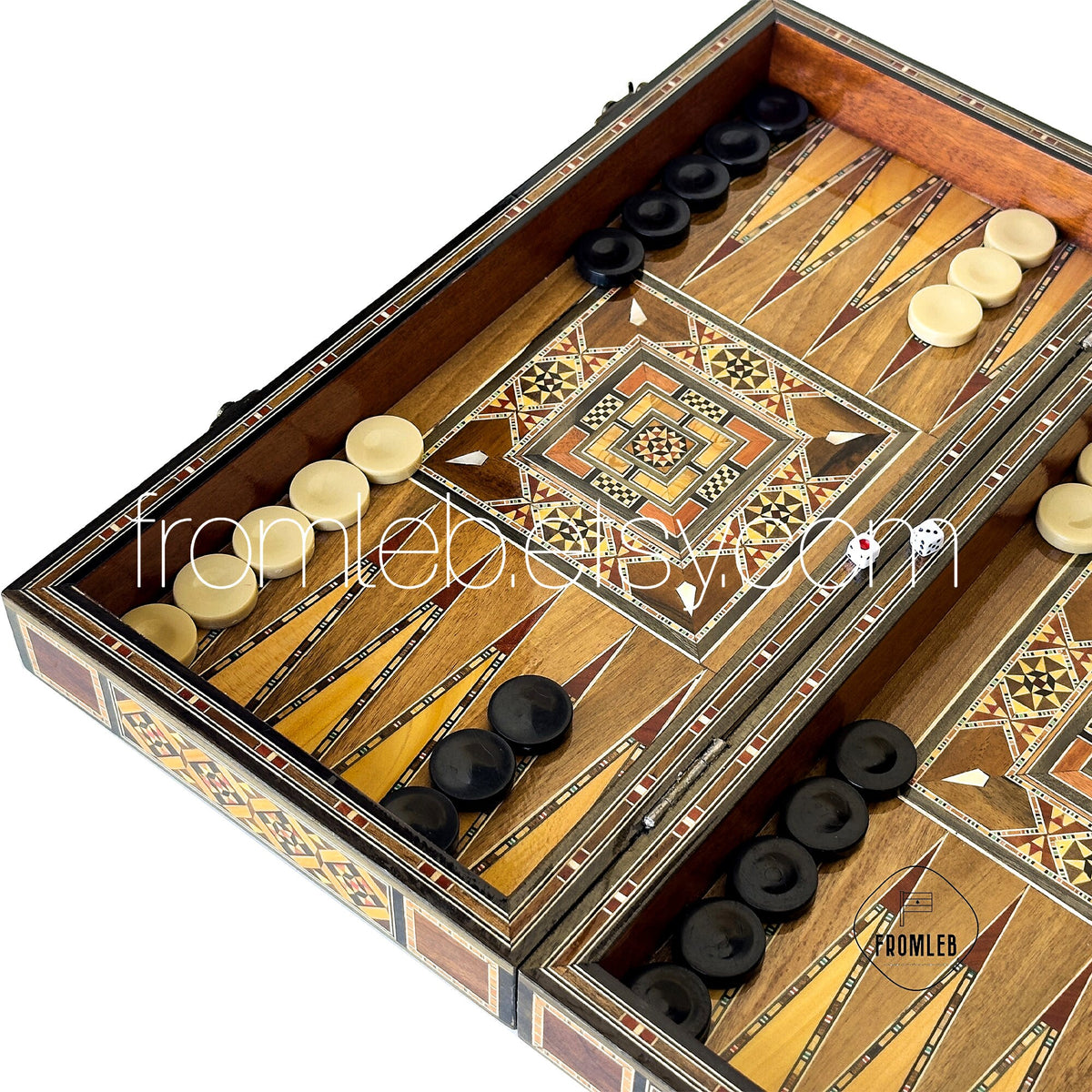 Handmade Backgammon Chess Set: Vintage Pearl Mosaic Inlay from Lebanon