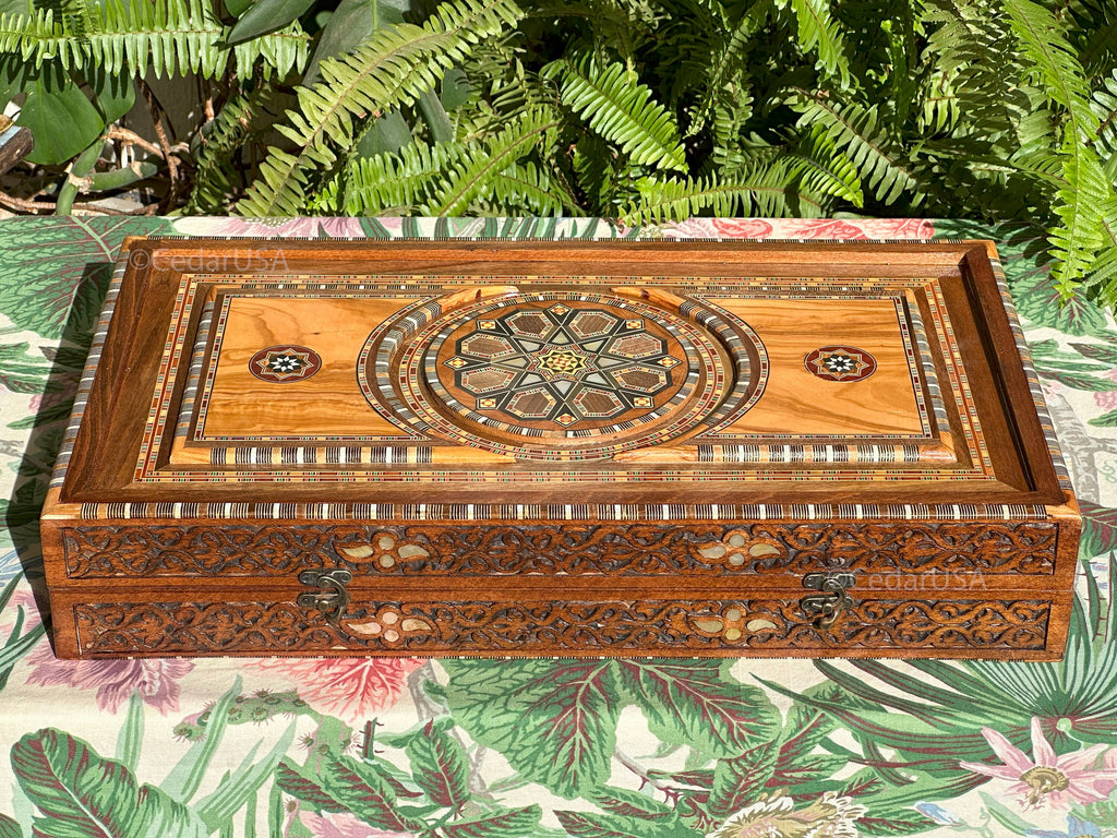 Olive Wood Backgammon Set with Real Pearl Inlays From Lebanon - Handmade Luxurious 21"x21" Large Sized Board