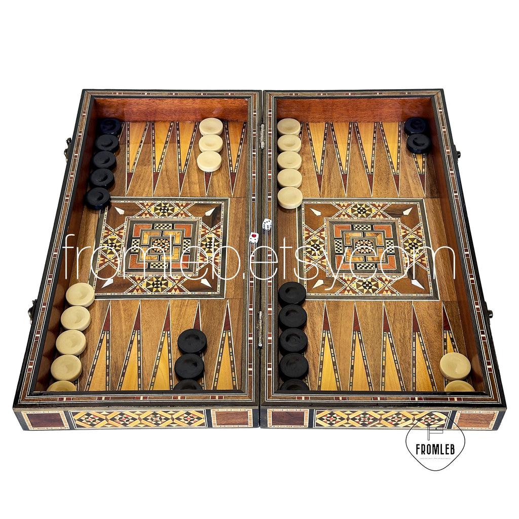 Handmade Backgammon Chess Set: Vintage Pearl Mosaic Inlay from Lebanon