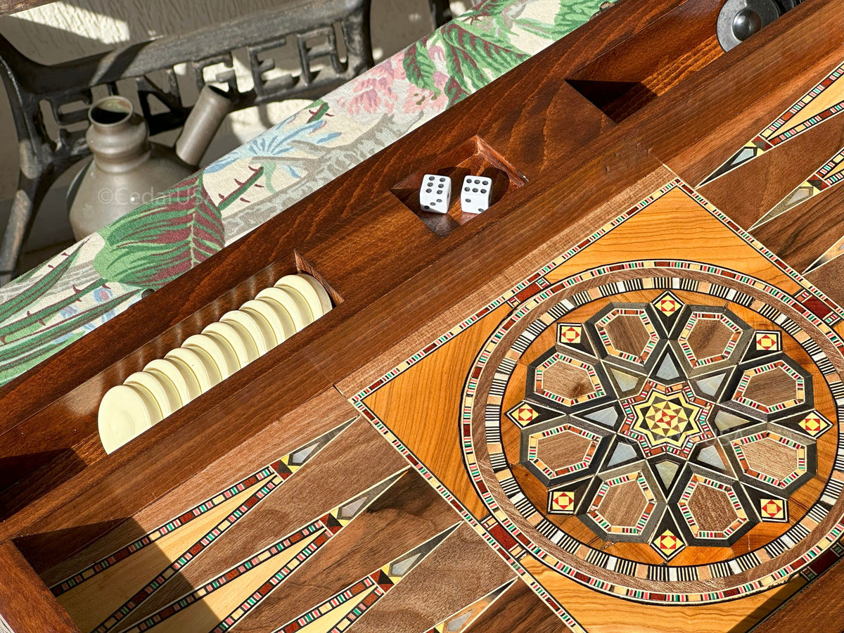 Olive Wood Backgammon Set with Real Pearl Inlays From Lebanon - Handmade Luxurious 21"x21" Large Sized Board