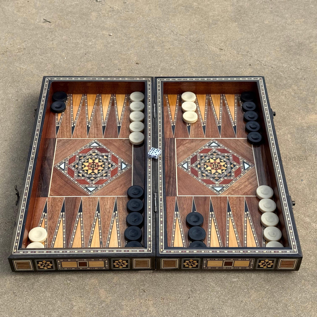 Backgammon Set and Chess Board from Lebanon - Lebanese Tables Board with Wooden Chess Pieces, Personalizable Christmas Gift